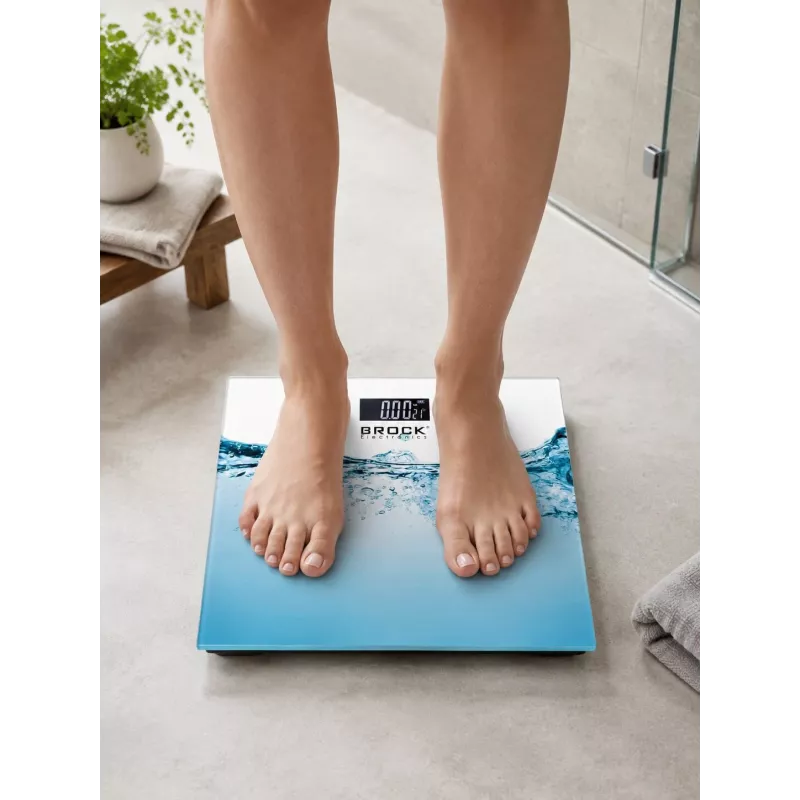 Brock BS 005 skaitmeninės vonios svarstyklės su grūdinto stiklo platforma, 180 kg talpa, 100 g tikslumu, automatinis įjungimas/išjungimas, baterijos pridedamos