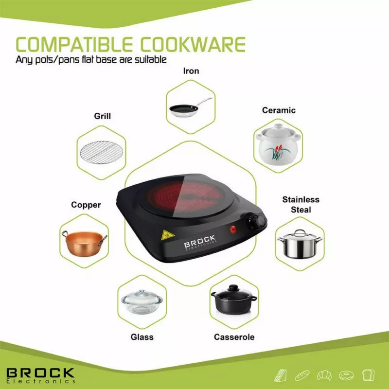 Brock HPI 3001 BK 1500W vieno kaitvietės elektrinė viryklė su ketaus plokšte ir reguliuojamu termostatu, juoda