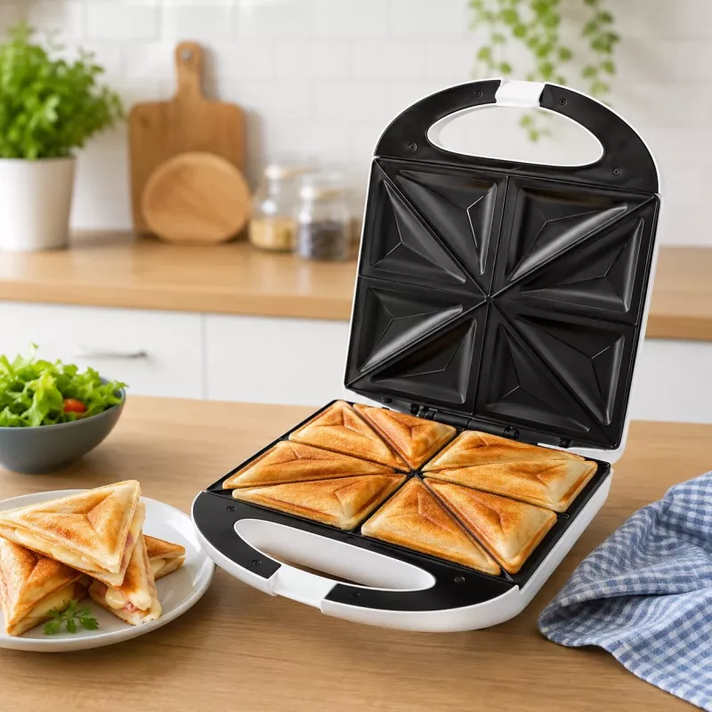 Brock SSM 3008 WH 8 griezdelių XXL sumuštinių keptuvė, 1400W, nepridegančios trikampės plokštės, karščiui atspari rankena, apsauginis užraktas, vertikalus laikymas, balta