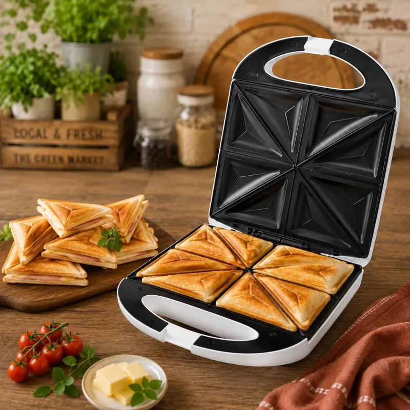 Brock SSM 3008 WH 8 griezdelių XXL sumuštinių keptuvė, 1400W, nepridegančios trikampės plokštės, karščiui atspari rankena, apsauginis užraktas, vertikalus laikymas, balta