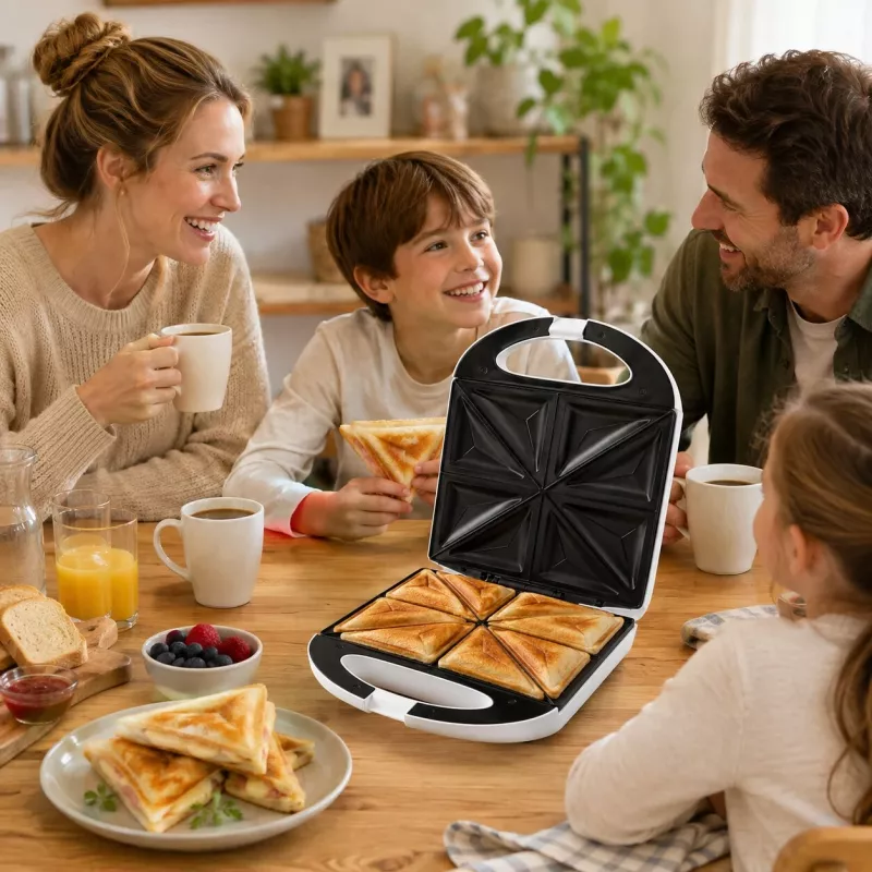 Brock SSM 3008 WH 8 griezdelių XXL sumuštinių keptuvė, 1400W, nepridegančios trikampės plokštės, karščiui atspari rankena, apsauginis užraktas, vertikalus laikymas, balta