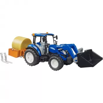 BRUDER New Holland T5.120 traktorius su priekiniu krautuvu, krovimo dėže ir šakėmis 1:16
