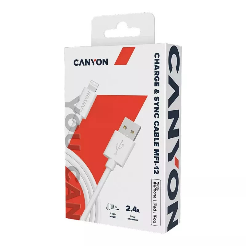 CANYON MFI-12 USB-A – Lightning kabelis 2 m baltas