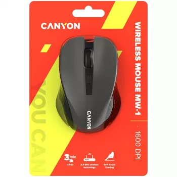 CANYON MW-1 belaidė optinė pelė – 2,4 GHz, 1600 DPI, pilka
