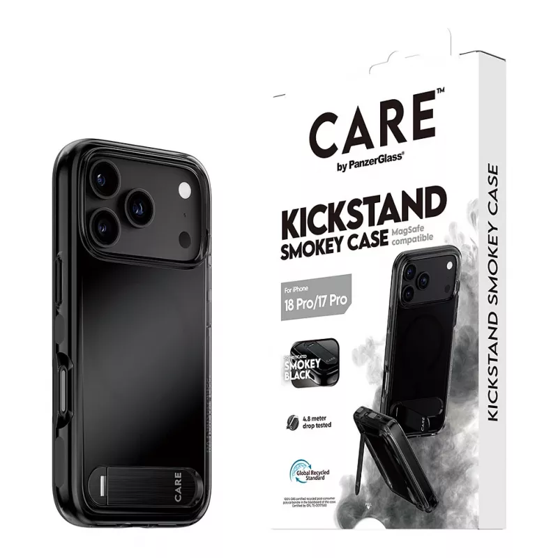 CARE by PanzerGlass „Kickstand“ dėklas „Smokey Black“ su MagSafe, skirtas iPhone 17 Pro