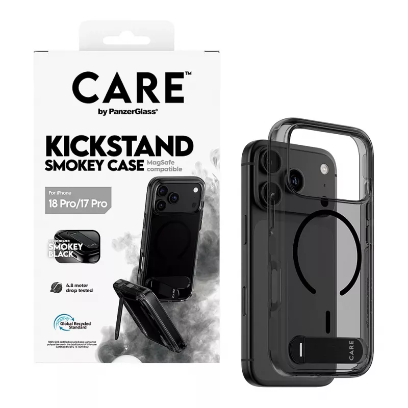 CARE by PanzerGlass „Kickstand“ dėklas „Smokey Black“ su MagSafe, skirtas iPhone 17 Pro