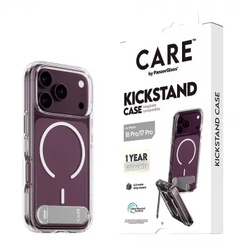 CARE by PanzerGlass Kickstand Case permatomas su baltu MagSafe skirtu iPhone 17 Pro