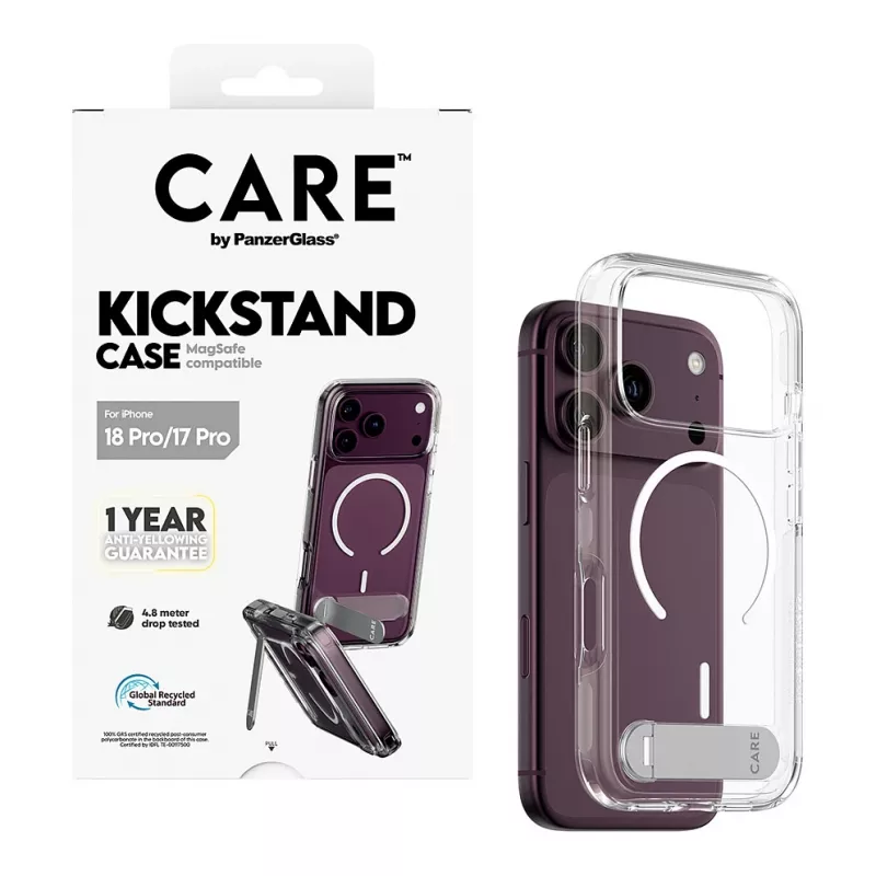 CARE by PanzerGlass Kickstand Case permatomas su baltu MagSafe skirtu iPhone 17 Pro