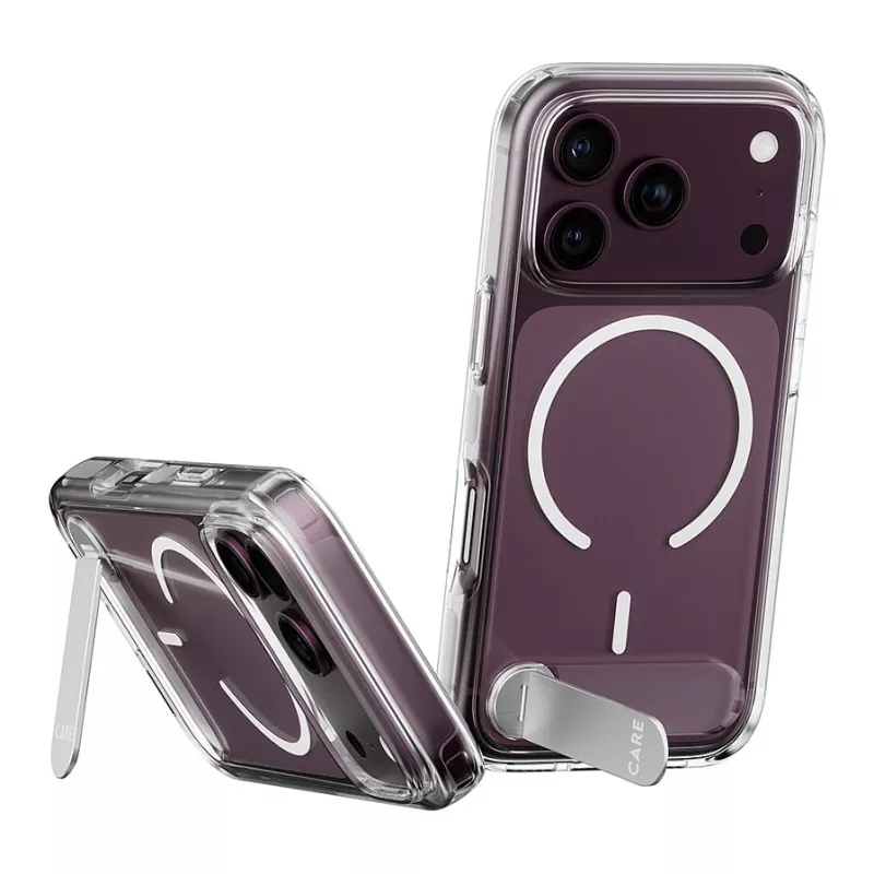 CARE by PanzerGlass Kickstand Case permatomas su baltu MagSafe skirtu iPhone 17 Pro