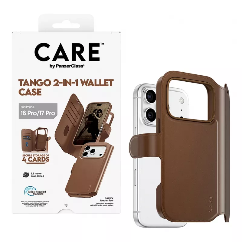 CARE by PanzerGlass Tango 2-in-1 dėklas su pinigine, rudas, su MagSafe, skirtas iPhone 17 Pro