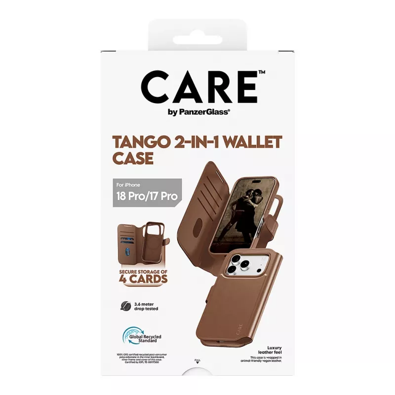 CARE by PanzerGlass Tango 2-in-1 dėklas su pinigine, rudas, su MagSafe, skirtas iPhone 17 Pro