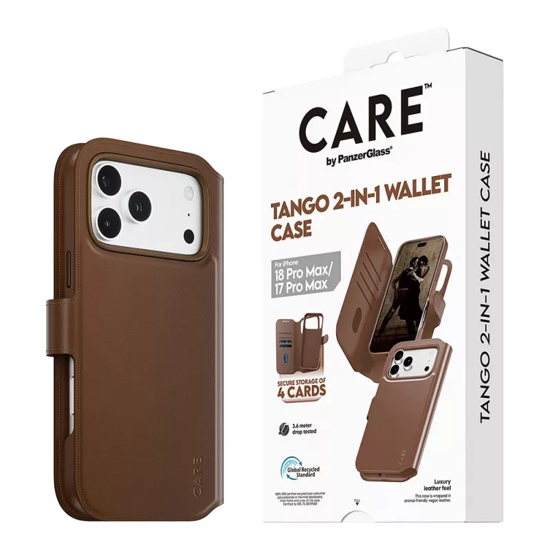 CARE by PanzerGlass Tango 2-in-1 dėklas su pinigine, rudas, su MagSafe, iPhone 17 Pro Max