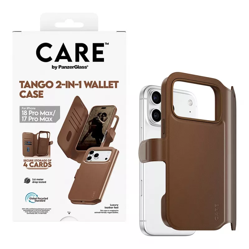 CARE by PanzerGlass Tango 2-in-1 dėklas su pinigine, rudas, su MagSafe, iPhone 17 Pro Max