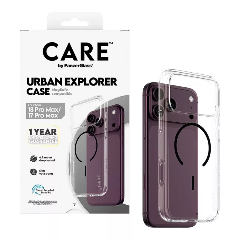 CARE by PanzerGlass Urban Explorer dėklas permatomas su juodu MagSafe, skirtas iPhone 17 Pro Max