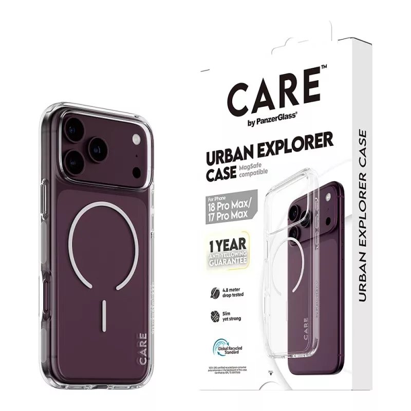 CARE by PanzerGlass Urban Explorer dėklas permatomas su baltu MagSafe, skirtas iPhone 17 Pro Max