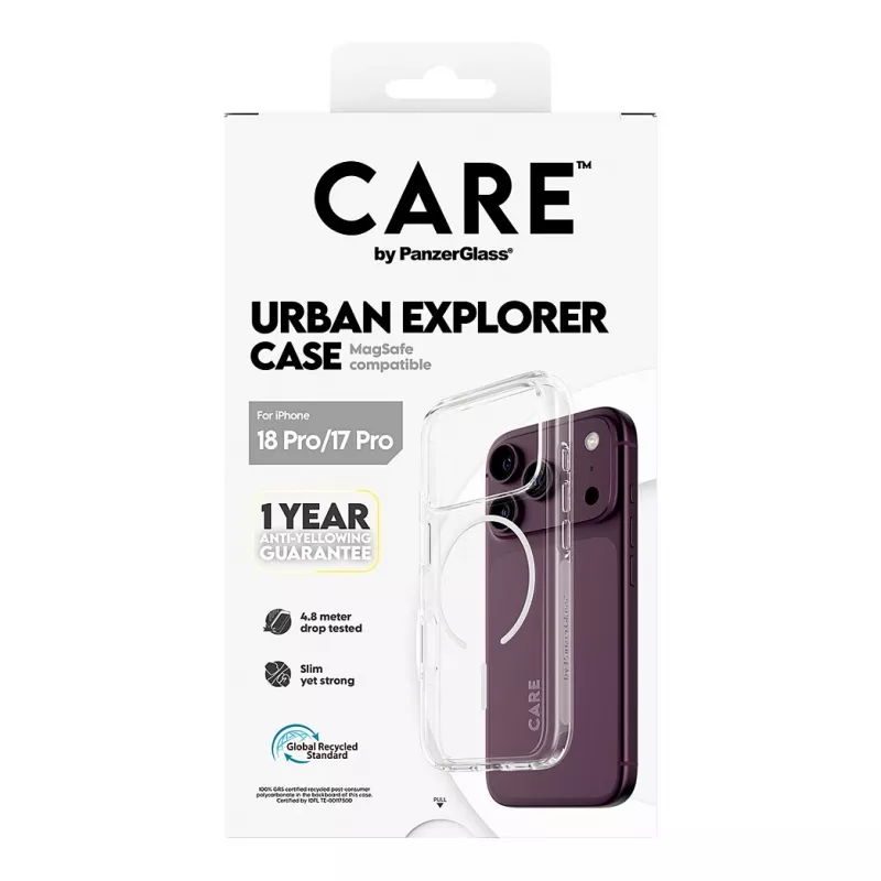 CARE by PanzerGlass Urban Explorer dėklas permatomas su baltu MagSafe žiedu, skirtas iPhone 17 Pro