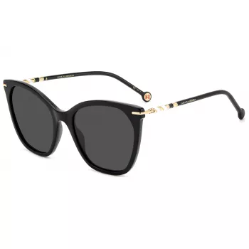 Carolina Herrera HER0091S807 moteriški katės akies formos akiniai nuo saulės – juodas acetatinis rėmas, pilki polikarbonatiniai lęšiai, UV400 apsauga