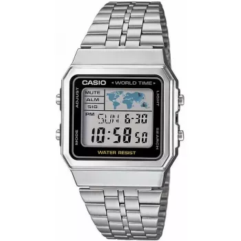 Casio A500WA-1DF klasikinis skaitmeninis kvarcinis laikrodis – nerūdijančio plieno juosta, LED apšvietimas, pasaulio laikas