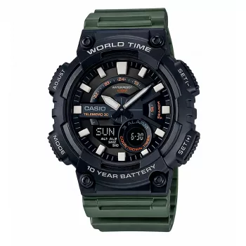 CASIO AEQ-110W-3A Vyriškas analoginis-skaitmeninis laikrodis, 52,2 mm, žalia dervos juosta