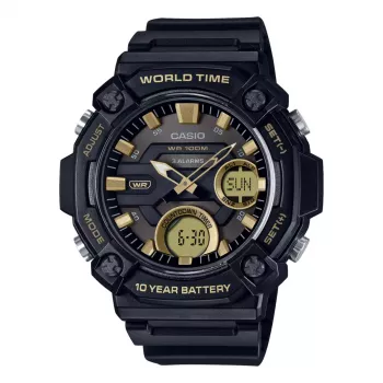 CASIO AEQ-120W-9A Vyriškas analoginis-skaitmeninis laikrodis, 53,3 mm, juodas dervos korpusas, juoda dervos juosta, auksinės detalės