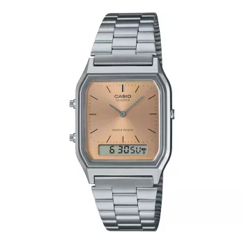CASIO AQ-230A-4A Unisex Analoginis-Digitalinis Laikrodis, 38,8 mm, Sidabrinis Korpusas, Raudonas Ciferblatas, Nerūdijančio Plieno Apyrankė