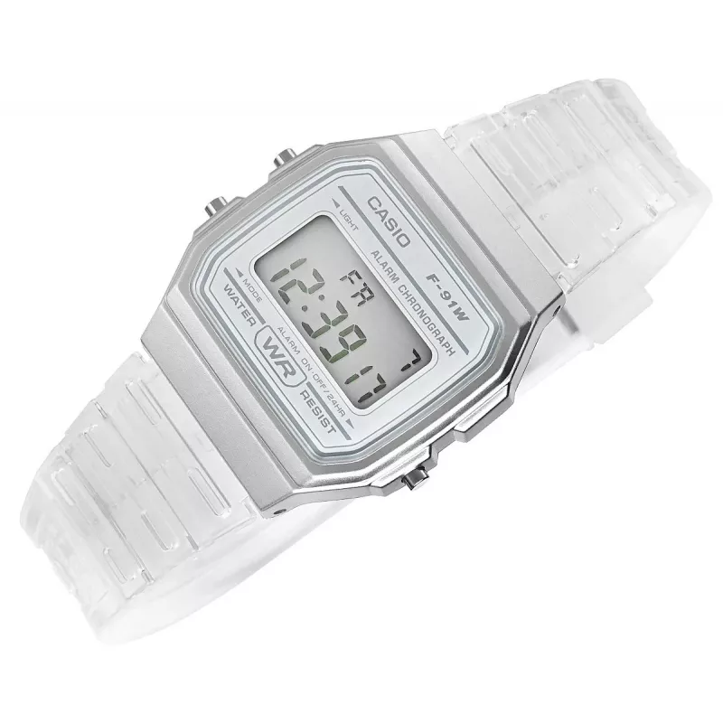 Casio F-91WS-7DF skaitmeninis laikrodis – permatomas baltas korpusas iš dervos, unisex, kvarcinis, LED apšvietimas, atsparus vandeniui 3 ATM