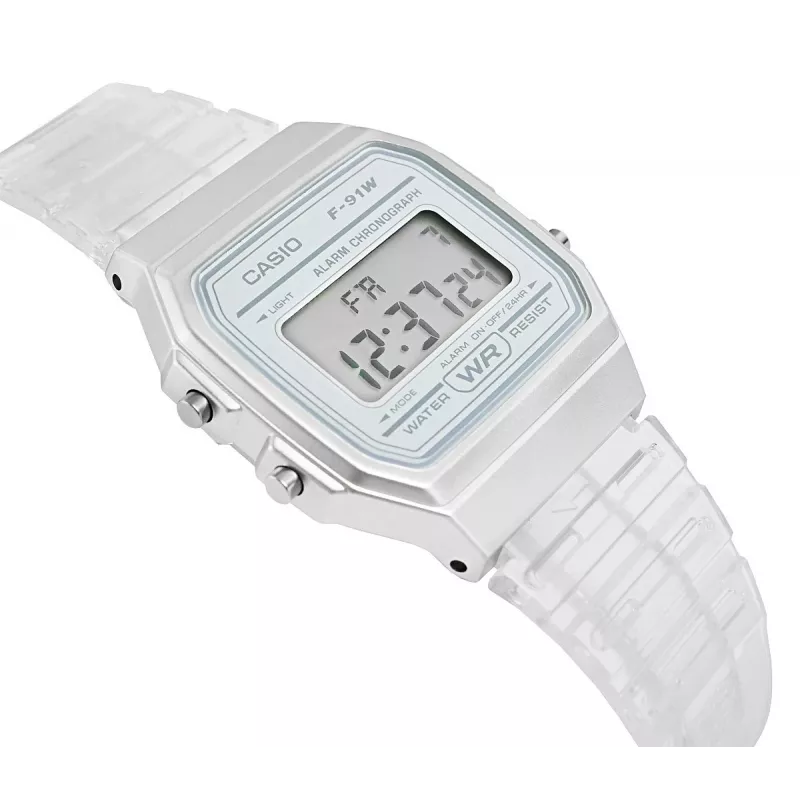 Casio F-91WS-7DF skaitmeninis laikrodis – permatomas baltas korpusas iš dervos, unisex, kvarcinis, LED apšvietimas, atsparus vandeniui 3 ATM