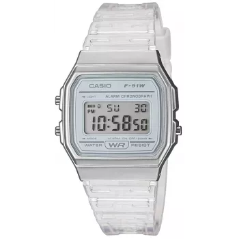 Casio F-91WS-7DF skaitmeninis laikrodis – permatomas baltas korpusas iš dervos, unisex, kvarcinis, LED apšvietimas, atsparus vandeniui 3 ATM
