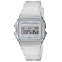 Casio F-91WS-7DF skaitmeninis laikrodis – permatomas baltas korpusas iš dervos, unisex, kvarcinis, LED apšvietimas, atsparus vandeniui 3 ATM