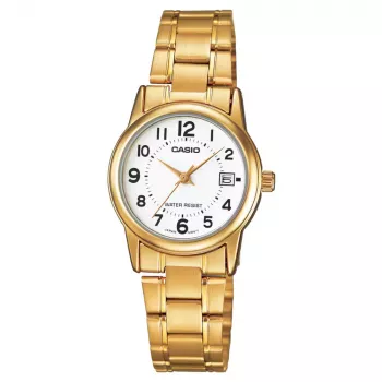 CASIO LTP-V002G-7B Moteriškas analoginis kvarcinis laikrodis, 25 mm auksinio atspalvio nerūdijančio plieno korpusas, sidabrinis ciferblatas