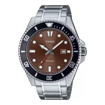CASIO MDV107D5AVDF Vyrų analoginis kvarcinis laikrodis, 42 mm, rudas ciferblatas, sidabrinė nerūdijančio plieno juosta