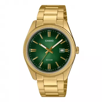 Casio vyriškas analoginis laikrodis MTP-1302PGC-3AVEF su aukso spalvos nerūdijančio plieno apyranke ir žaliu ciferblatu
