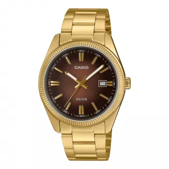 Casio MTP1302PGC5AV analoginis vyriškas laikrodis su nerūdijančio plieno apyranke, rudu ciferblatu ir rožinio aukso apdaila