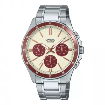 Casio MTP1374D5A2VD analoginis laikrodis vyrams su nerūdijančio plieno apyranke, rudu ciferblatu ir datos/dienos rodmenimis