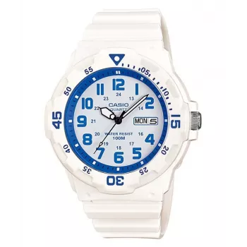 CASIO MRW-200HC-7B2 Unisex analoginis kvarcinis laikrodis su juodu dervos dirželiu, baltu ciferblatu, 44,6 mm korpusu