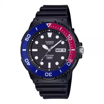 Vyriškas analoginis laikrodis CASIO MRW-230H-1E2 su dervos dirželiu, 47,9 mm korpusas, juodas ciferblatas, 100 m atsparumas vandeniui
