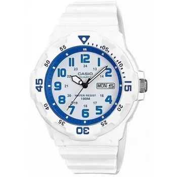 CASIO MRW200HC7B2VD Vyriškas analoginis kvarcinis laikrodis su dienos ir datos rodymu, 100m atsparumu vandeniui, dervos dirželiu, baltu ciferblatu, mėlynu/raudonu apvadu