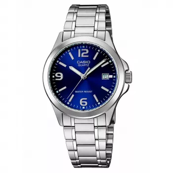 CASIO MTP-1215A-2A Vyriškas analoginis kvarcinis laikrodis su mėlynu ciferblatu ir nerūdijančio plieno apyranke, 43,3 mm