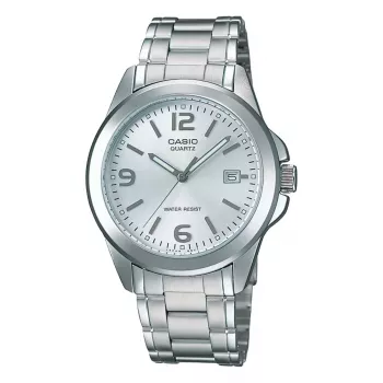 Casio MTP-1215A-7A Vyriškas Analoginis Kvarco Laikrodis su Nerūdijančio Plieno Apyranke, Sidabriniu Ciferblatu, 38,4 mm Korpusu, Dienos-Datos Rodymu, 50m Atsparumu Vandeniu