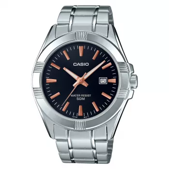 Vyriškas analoginis laikrodis CASIO MTP-1308D-1A2, 48,9 mm, juodas ciferblatas, sidabrinė nerūdijančio plieno apyrankė