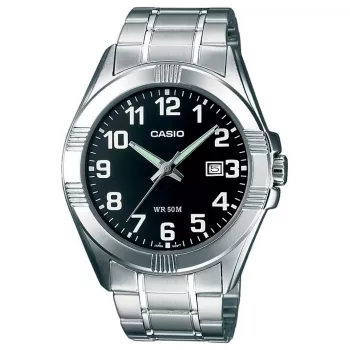 CASIO MTP-1308D-1B Vyriškas analoginis kvarcinis laikrodis su nerūdijančio plieno korpusu ir apyranke, juodu ciferblatu, datos rodymu