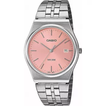 Casio MTP-B145D-4AVEF Vyrų analoginis kvarcinis laikrodis su nerūdijančio plieno apyranke, lašišos rožinės spalvos ciferblatu, sidabriniu korpusu, 50 m atsparumu vandeniui