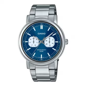 CASIO MTP-E335D-2E1VD Vyriškas analoginis laikrodis, mėlynas ciferblatas, nerūdijančio plieno apyrankė, 47,6 mm