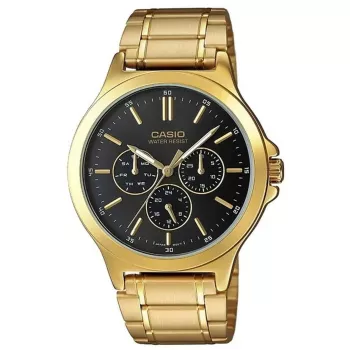 CASIO MTP-V300G-1AUDF Vyriškas analoginis kvarcinis laikrodis, 47 mm, auksinis jonais dengtas nerūdijančio plieno korpusas, juodas ciferblatas, diena-data