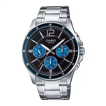 CASIO MTP1374D2AVDF Vyrų analoginis kvarcinis laikrodis 43,5 mm nerūdijančio plieno mėlynu ciferblatu