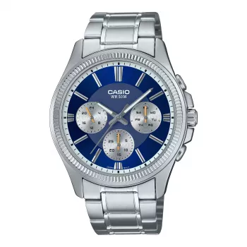 CASIO MTP1375PD2A1V Vyriškas analoginis kvarcinis laikrodis 43,8 mm nerūdijančio plieno mėlynu ciferblatu