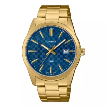CASIO MTPVD03G2AUDF Vyriškas analoginis laikrodis, 45 mm nerūdijančio plieno korpusas, mėlynas ciferblatas, auksinė apyrankė, 50 m atsparumas vandeniui