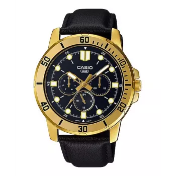Vyriškas analoginis kvarcinis laikrodis CASIO MTPVD300GL1EU 45 mm auksinio atspalvio nerūdijantis plienas juoda oda