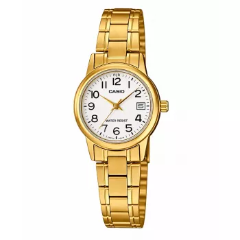 CASIO Women's LTP-V002G-7B2 Analoginis Kvarcinis Laikrodis, 31 mm Auksu Jonizuotas Nerūdijantis Plienas, Sidabrinis Ciferblatas, Apyrankė