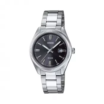 CASIO Women's LTP1302PD1A1V Analoginis Kvarcinis Laikrodis, Sidabrinis Nerūdijantis Plienas, Juodas Ciferblatas, 50m Atsparumas Vandeniu